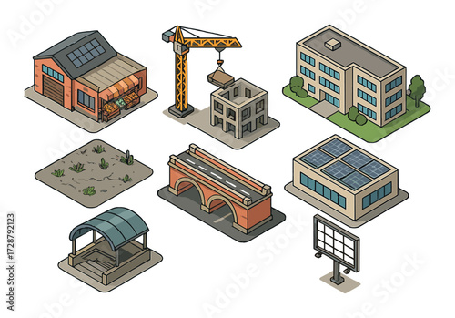 Isometric construction scene with buildings, crane, solar panels, and bridge