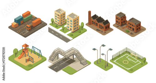 Isometric urban scene with factories, playground, bridge, apartment buildings, and soccer field