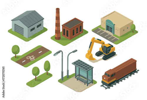 Isometric industrial and urban elements including train, factory, and street infrastructure