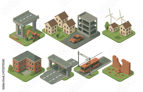 Isometric urban development with houses, construction, and transportation elements