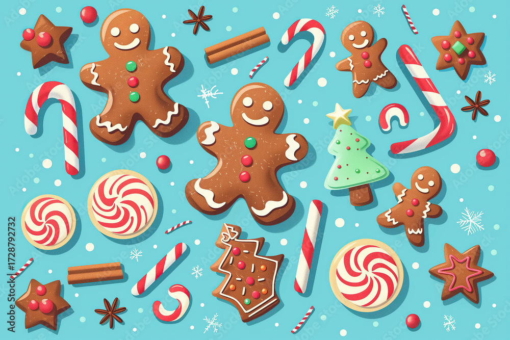 Naklejka premium Seamless cartoon Christmas cookies and candy pattern on blue background