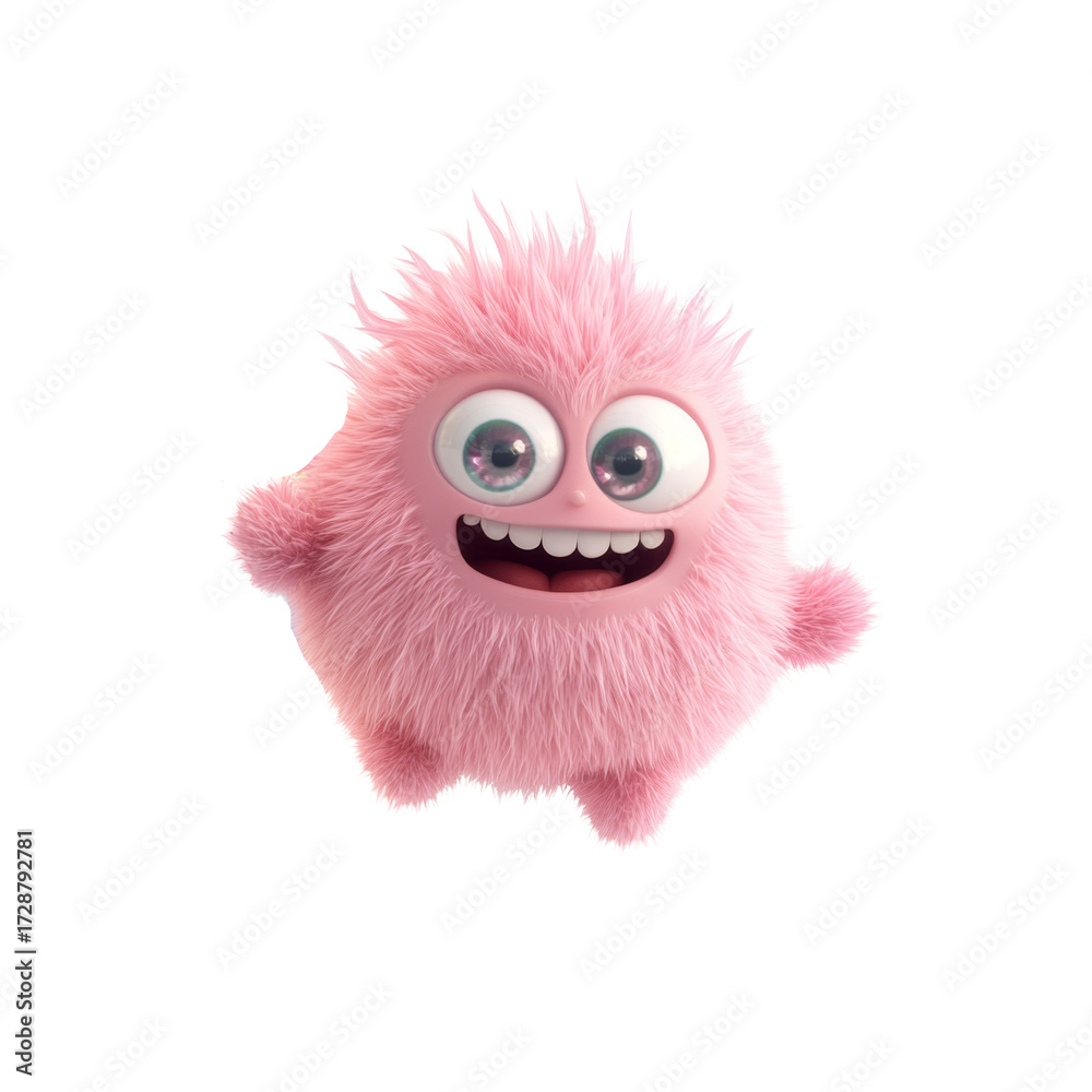 Fototapeta premium Fluffy pink monster character with big eyes and smiling expression