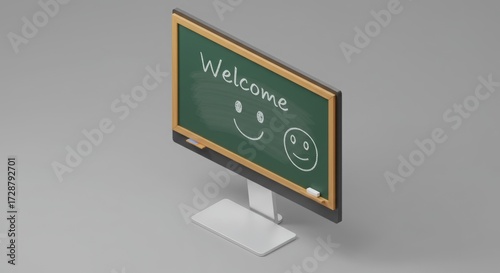 Digital Classroom Welcome: A modern computer monitor displays a chalkboard scene with a warm welcome message and an inviting smiley face, offering a cheerful greeting for the digital classroom.