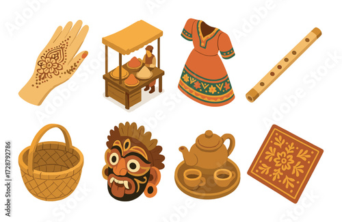 Cultural symbols and artifacts of indian heritage featuring traditional dress and handicrafts