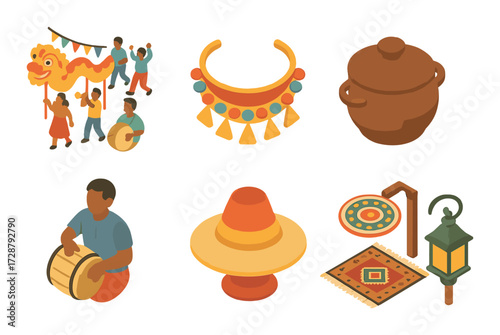 Traditional cultural elements festival celebration with music, artifacts, and dance