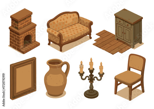 Vintage-style isometric furniture collection: sofa, fireplace, pitcher, chair, cabinet, candelabra