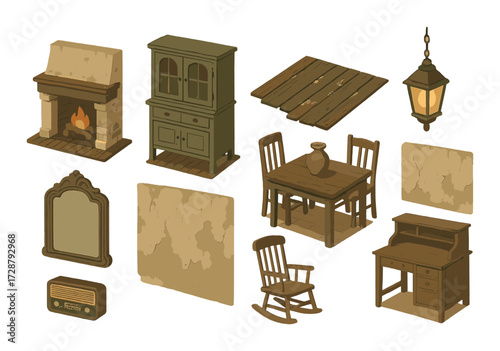 Vintage interior elements including fireplace, wooden furniture, wall texture, and lantern