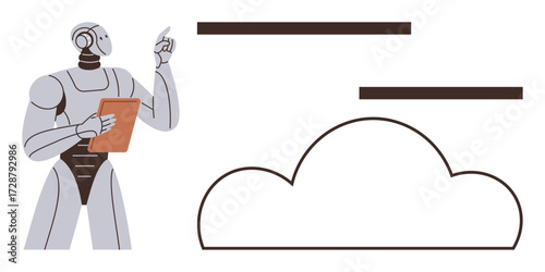 Robot holding a tablet, gesturing towards abstract cloud interface representing AI-driven technology. Ideal for automation, AI, cloud technology, innovation, future, digital transformation