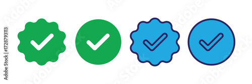 Set of green and blue verification checkmark badges isolated on transparent background