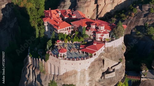 Aerial Shot of Varlaam Monastery Amid Meteora’s Dramatic Landscape