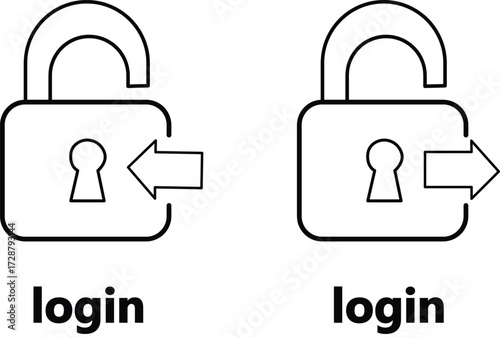 Login Security Icons: A set of simple line art icons symbolizing login and security, featuring an unlocked padlock with an arrow indicating the direction of access