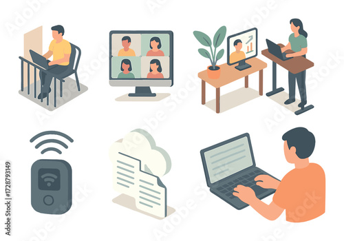 Diverse work-from-home scenarios depicting virtual meetings, data analysis, and remote collaboration