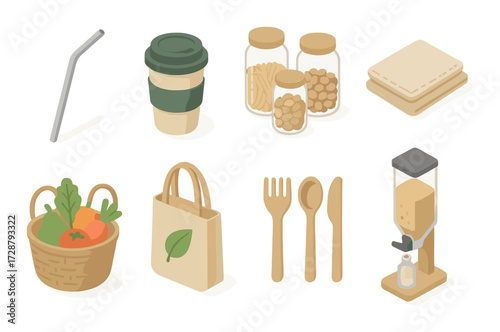 Eco-friendly lifestyle: reusable containers, cutlery, cups, and sustainable basket