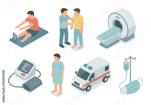 Medical illustration: diverse male figures engaged in health activities and equipment