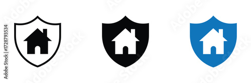Home security shield icon, representing protection and safety for a house, available in outline, solid black, and blue versions, isolated on transparent background