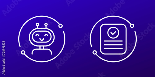 AI agent icons with robot and completed task, line design