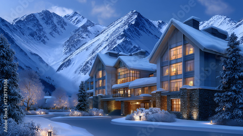 This image shows a luxurious winter mountain resort nestled at the base of towering, snow-covered peaks. The elegant building features large glass windows and warm glowing lights, creating a cozy and 
