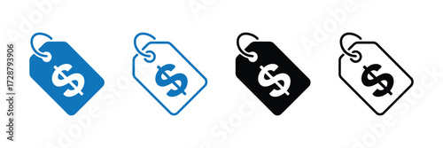 Four price tag icons with dollar signs in blue and black, isolated on transparent background