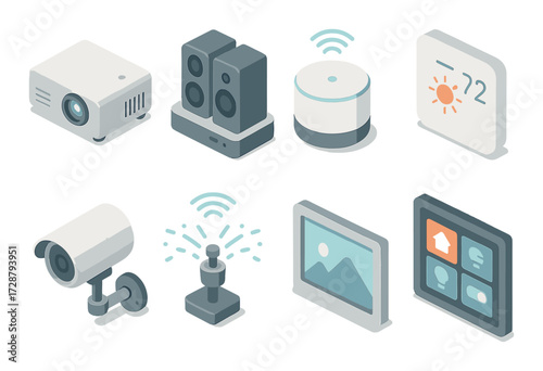 Smart home devices: projector, speakers, voice assistant, thermostat, security camera, sprinkler, digital frame, control panel