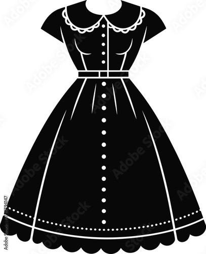 Vintage silhouette dress with Peter Pan collar, puffed sleeves, button-down front, scalloped hemline, fashion illustration for retro garment design, elegant vector