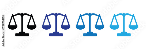 Four scales of justice icons in black, dark blue, medium blue, and light blue, isolated on transparent background