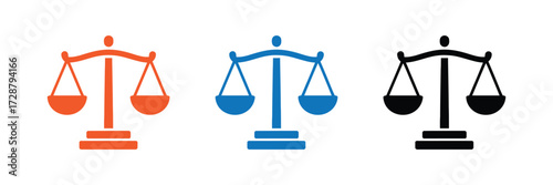 Three scales of justice icons in orange, blue, and black isolated on transparent background
