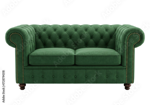 Isolated elegant green velvet Chesterfield sofa, classic button tufting and nailhead trim