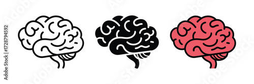 Three stylized brains in different styles outline, silhouette, and colored, isolated on transparent background