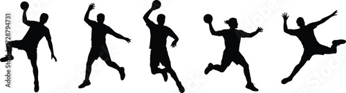  Basketball player silhouettes in dynamic action poses, slam dunk jump shots, sports teamwork illustration, athletic fitness movement vector isolated on white background