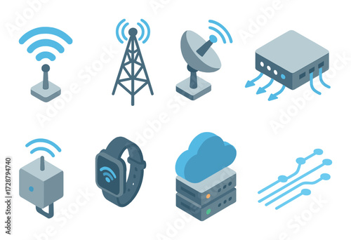 Digital communication icons: wifi, antenna, satellite, router, smartwatch, cloud, server, network