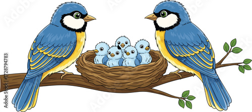 Cartoon birds perched on tree branch with nest of baby birds, nature parenting scene, vector illustration for kids, wildlife and family content
