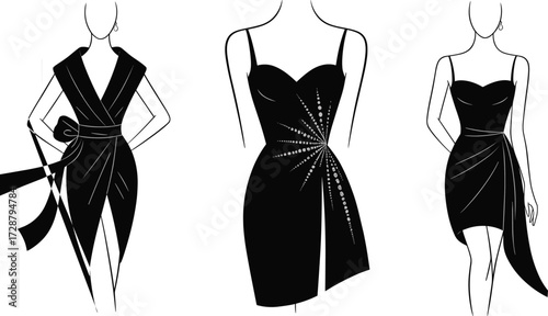 Black cocktail dresses with bow, starburst, and ruched details, fashion illustration with sweetheart and V-necklines, elegant evening wear design, vector garment artwork