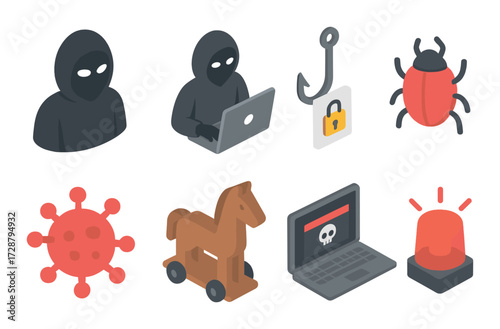 Cybersecurity threats: hacking, phishing, malware, and virus icons on dark background