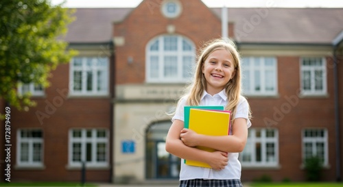 School Girl Smiling Brightly: A young girl stands confidently in front of an elegant school, smiling with books, showcasing the joy and excitement of the learning experience.