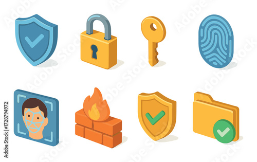 Cybersecurity icons: shield, lock, key, fingerprint, facial recognition, firewall, security, folder