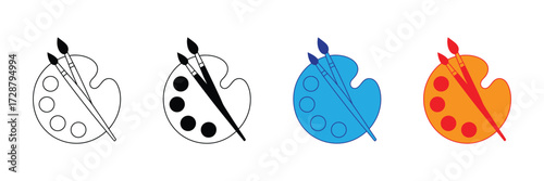 Four different artistic palettes with brushes, showing variations from sketch to full color, isolated on transparent background