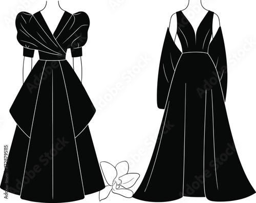 Black evening gowns on mannequins with floral accent, wrap-style bodice, puffed and draped sleeves, fashion illustration for formal wear, garment design, vector artwork