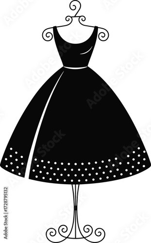 Vintage black dress on ornate mannequin, fashion illustration with scoop neckline and dotted hem, elegant vector design for boutique, tailoring, and dressmaking themes
