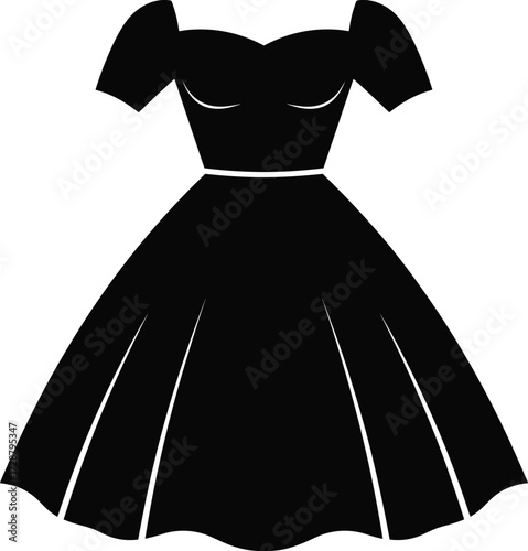 Black silhouette dress with sweetheart neckline and short sleeves, flared A-line skirt, fashion illustration for formal wear, vintage garment design, vector artwork