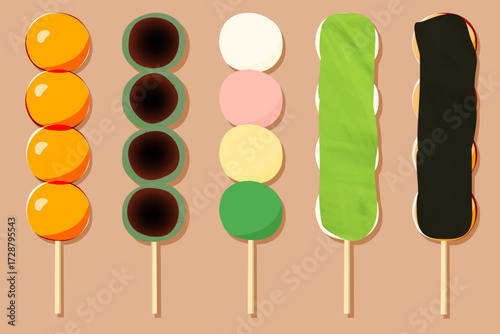 和菓子・お団子のさまざまな味のバリエーションイラスト