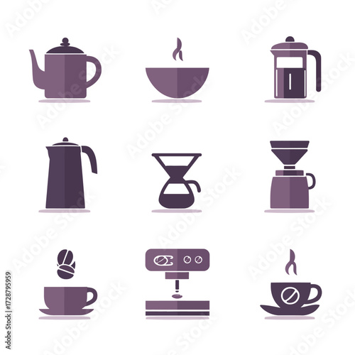 Assorted coffee brewing equipment icons. 