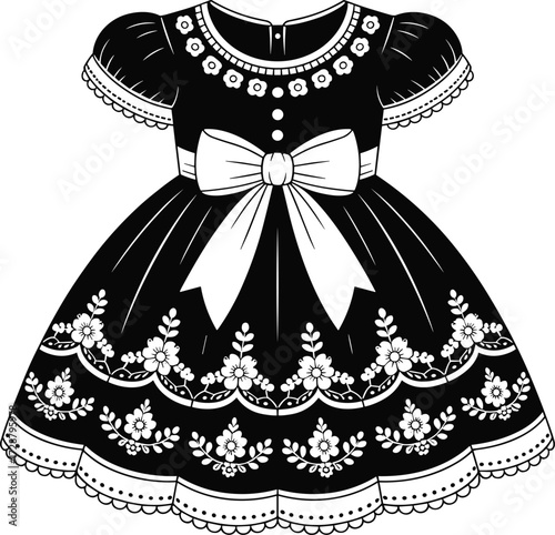 girl’s dress with puffed sleeves, scalloped lace trim, floral embroidery, bow detail, fashion illustration for formal wear, costume design, elegant vector artwork