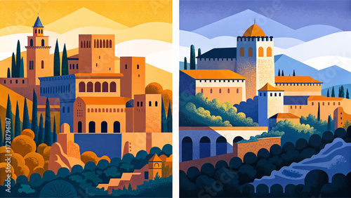 Vector of Alhambra Palace in Granada, Spain, Moorish architecture, historic fortress, cultural heritage, and famous European tourism landmark illustration