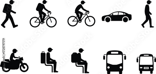 Transportation and travel silhouette icons including walking, biking, car, motorcycle, bus, airplane, seated passengers, urban mobility illustration for transit design, vector artwork