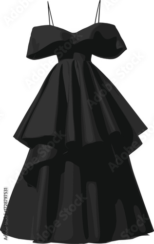 Black tiered evening dress with thin straps and bow detail, layered voluminous skirt, fashion illustration for formal wear, garment design, elegant vector artwork