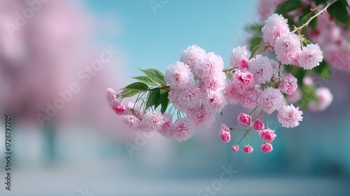 Pink Cherry Blossoms in Full Bloom Against a Soft Blue Sky Background with Delicate Details and Shallow Depth of Field Creating a Dreamy Springtime Scene