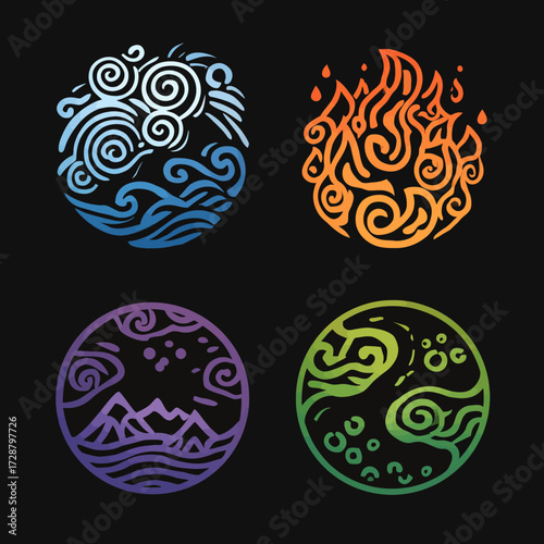 Four elemental symbols Water, Fire, Earth, Air. Stylized with swirling patterns on a dark background