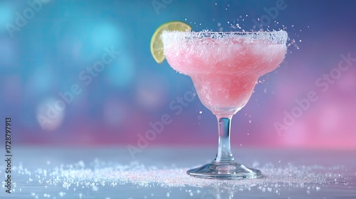 Pink Cocktail Splash with Sugar Rim and Lime Garnish on Reflective Surface with Bokeh Background in Cinematic High Dynamic Range