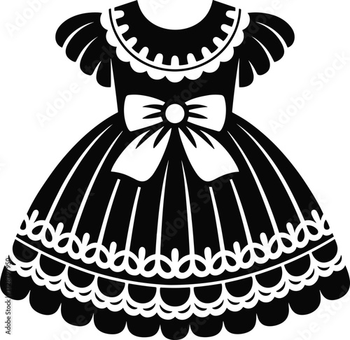 Vintage girl’s dress with puffed sleeves, scalloped lace trim, bow detail, pleated skirt, fashion illustration for formal wear, costume design, vector artwork