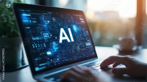 computer monitor with a binary code, a person using a laptop computer, AI text on screen, full hd